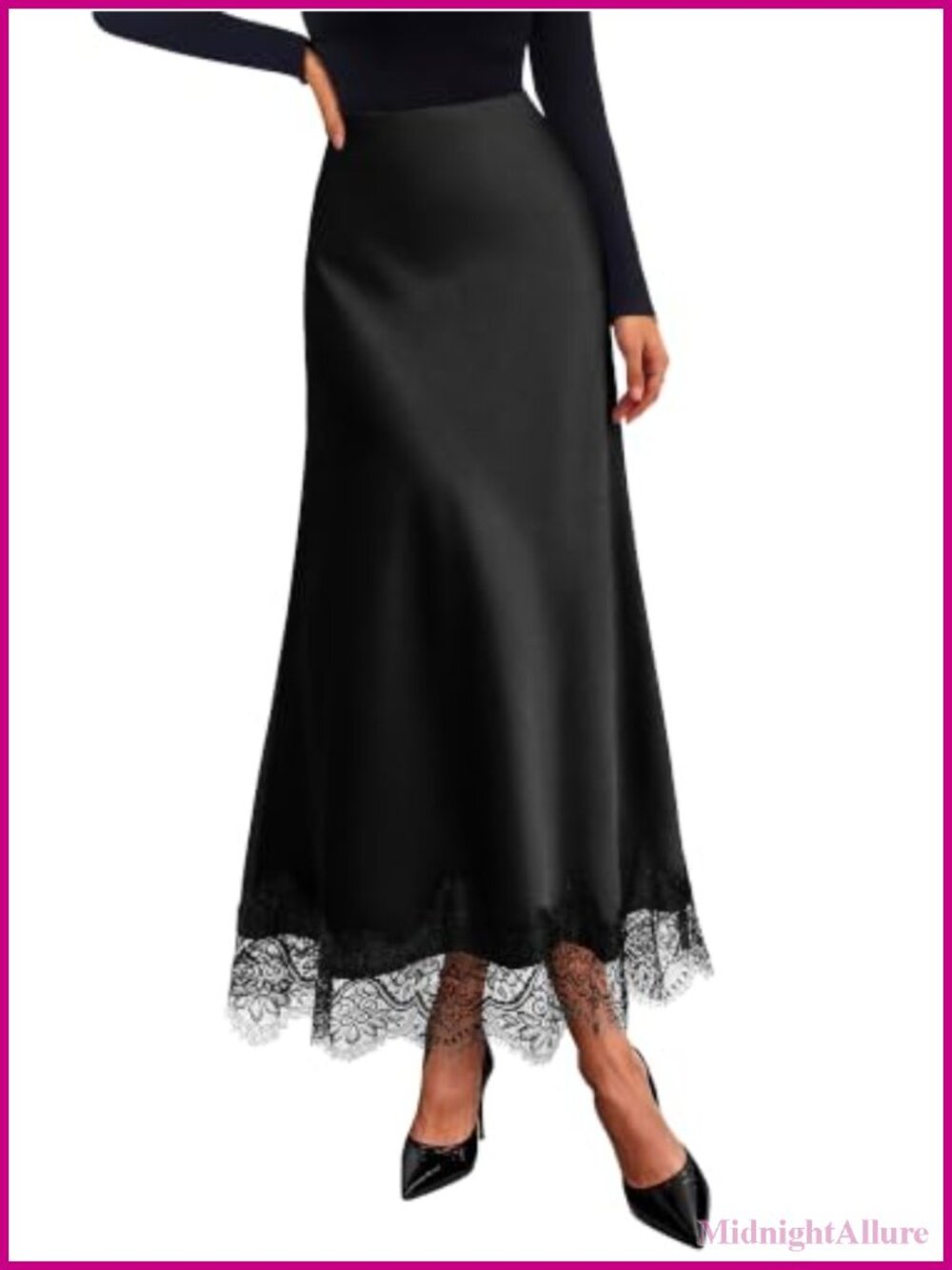 Lace Trim Satin Skirts for Women High Waisted A Line Maxi Ankle Length Flowy
